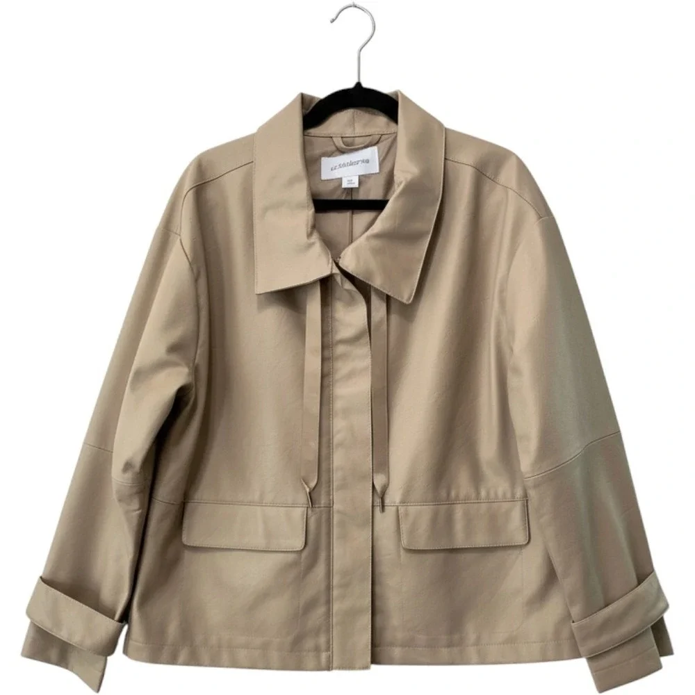 Liz Claiborne Faux Leather Jacket Women XL‎ Tan Beige Zip Front Utility Coat